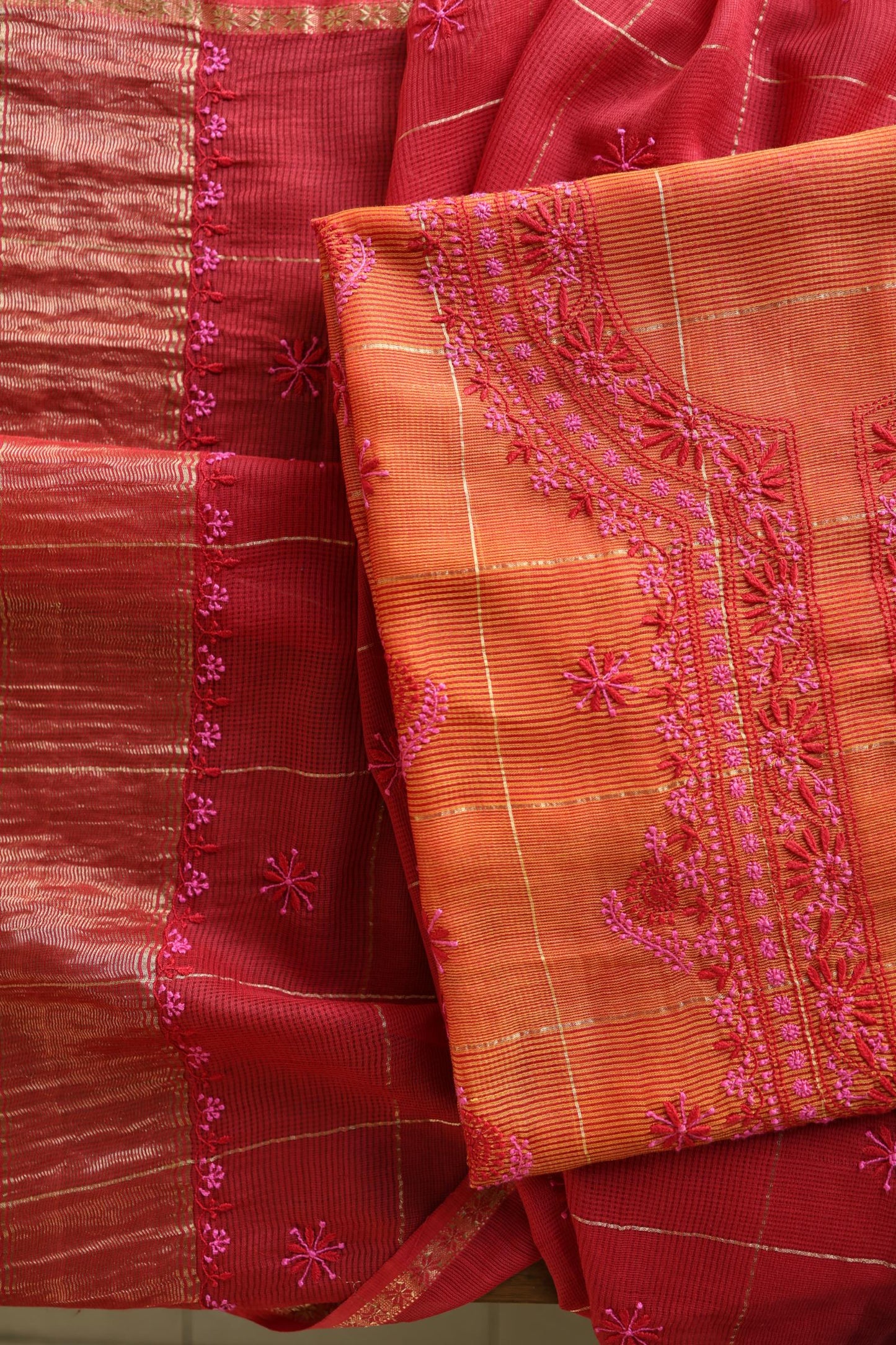 Rust Orange Shade Tissue Zari Kota Chikankari Unstitched Fabric