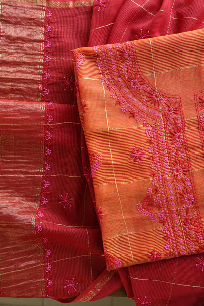 Rust Orange Shade Tissue Zari Kota Chikankari Unstitched Fabric