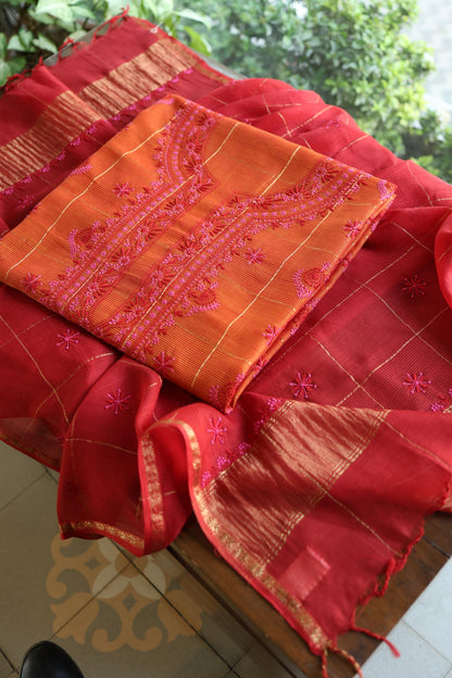 Rust Orange Shade Tissue Zari Kota Chikankari Unstitched Fabric