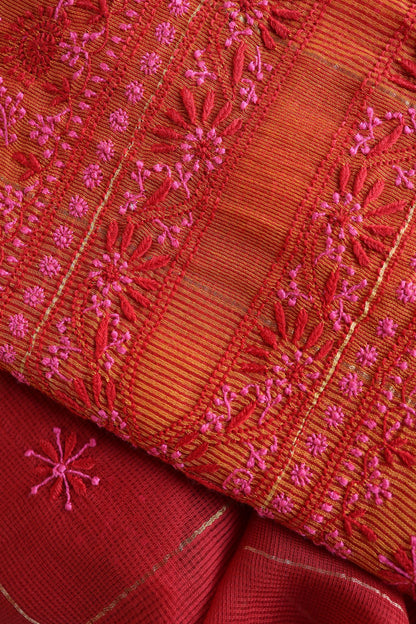 Rust Orange Shade Tissue Zari Kota Chikankari Unstitched Fabric