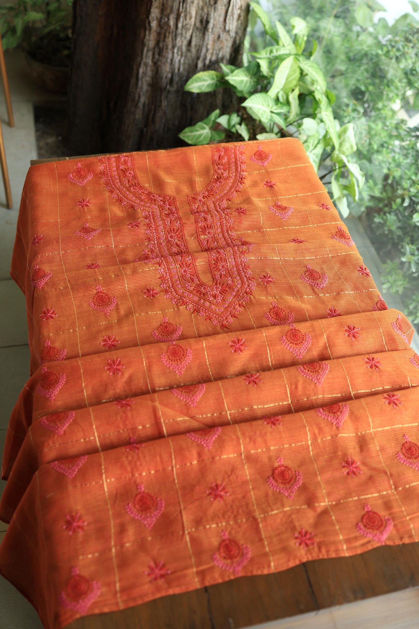 Rust Orange Shade Tissue Zari Kota Chikankari Unstitched Fabric