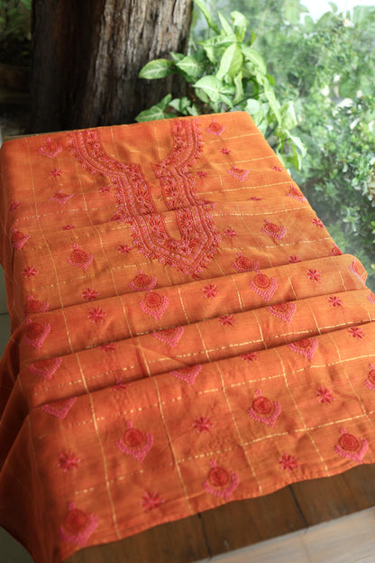 Rust Orange Shade Tissue Zari Kota Chikankari Unstitched Fabric