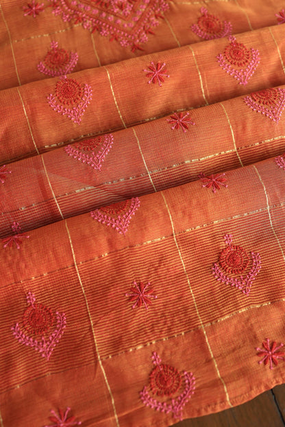 Rust Orange Shade Tissue Zari Kota Chikankari Unstitched Fabric
