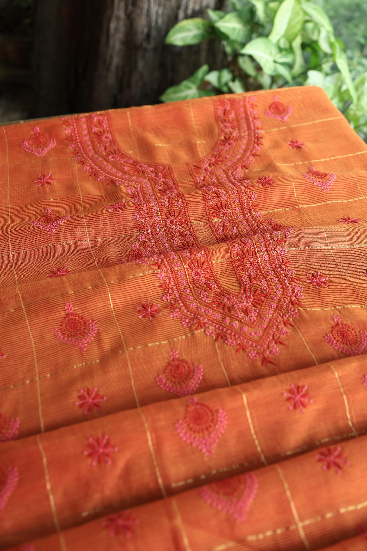 Rust Orange Shade Tissue Zari Kota Chikankari Unstitched Fabric