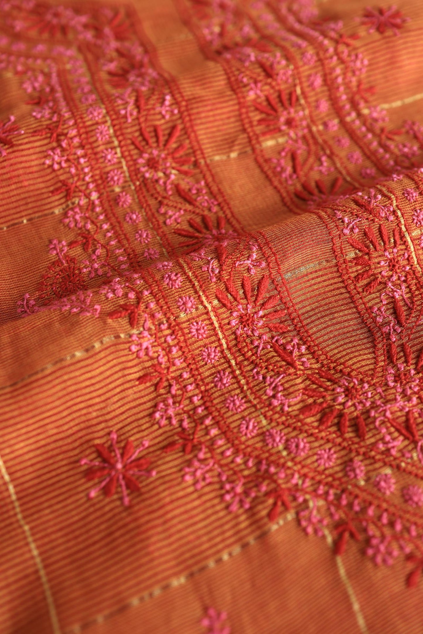 Rust Orange Shade Tissue Zari Kota Chikankari Unstitched Fabric