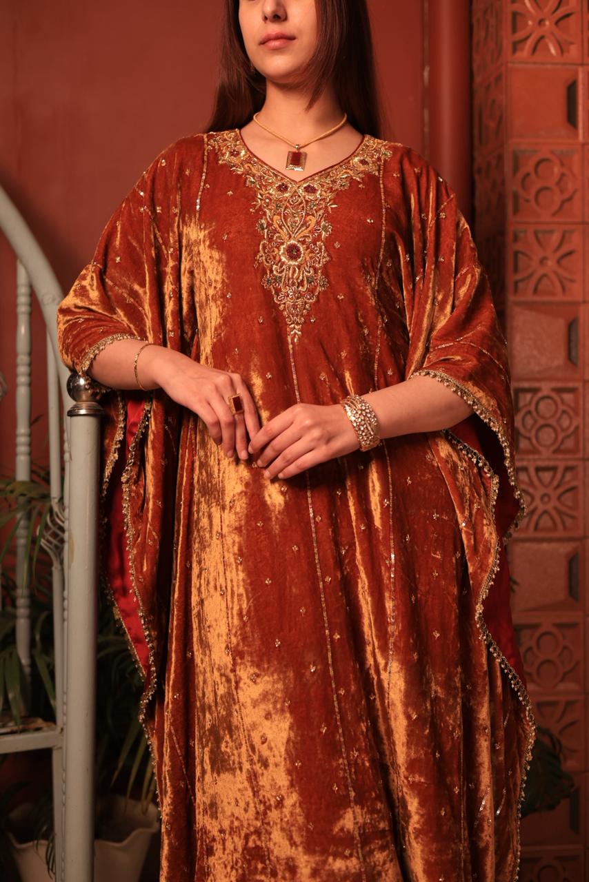 Rust Orange | Silk Velvet Zardozi Kaftans