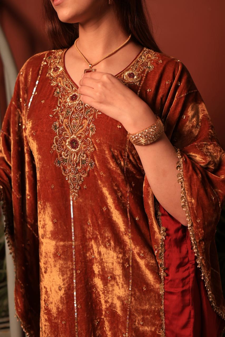 Rust Orange | Silk Velvet Zardozi Kaftans