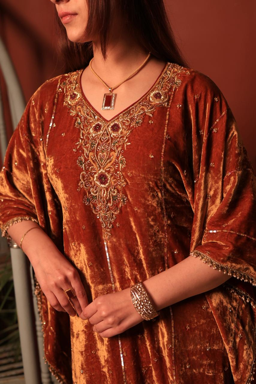 Rust Orange | Silk Velvet Zardozi Kaftans