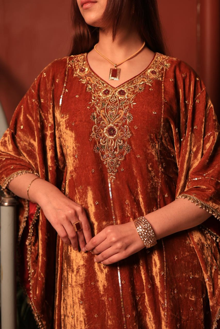 Rust Orange | Silk Velvet Zardozi Kaftans