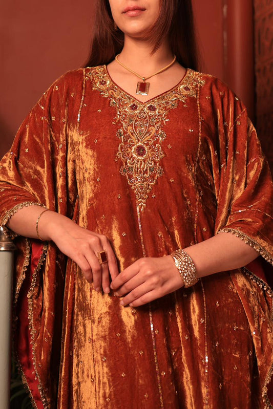 Rust Orange | Silk Velvet Zardozi Kaftans