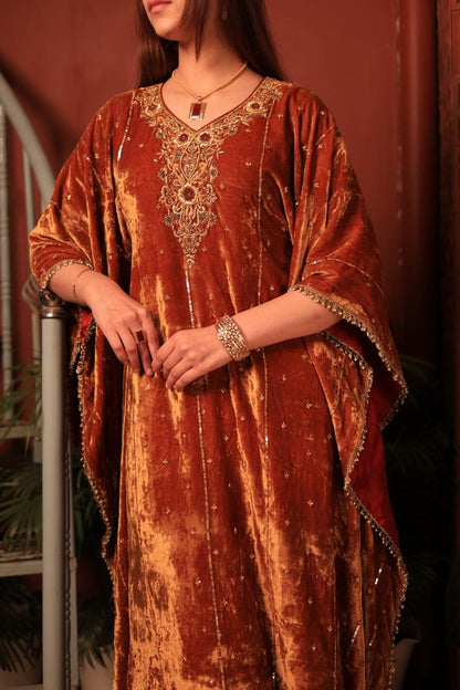 Rust Orange | Silk Velvet Zardozi Kaftans