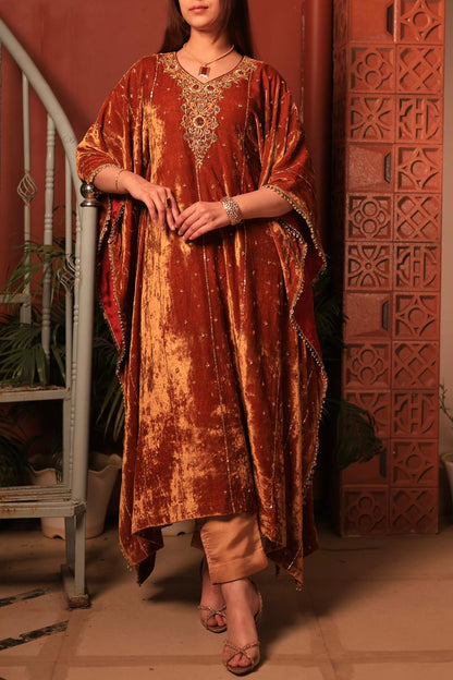 Rust Orange | Silk Velvet Zardozi Kaftans