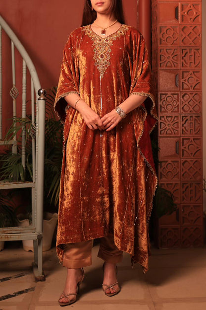 Rust Orange | Silk Velvet Zardozi Kaftans
