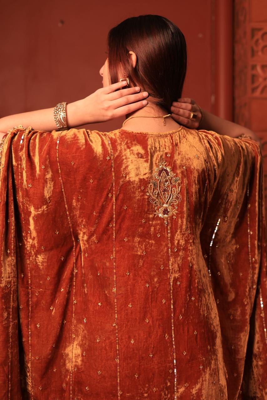Rust Orange | Silk Velvet Zardozi Kaftans