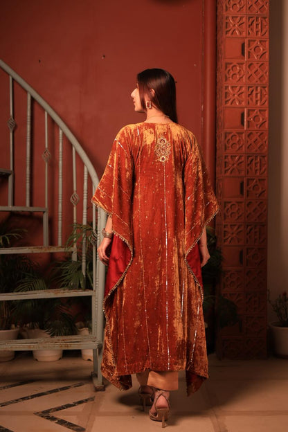Rust Orange | Silk Velvet Zardozi Kaftans