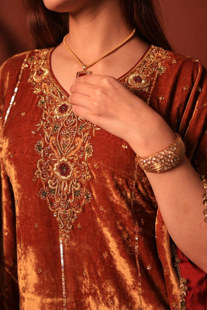 Rust Orange | Silk Velvet Zardozi Kaftans