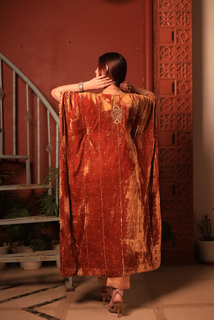 Rust Orange | Silk Velvet Zardozi Kaftans