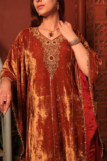 Rust Orange | Silk Velvet Zardozi Kaftans