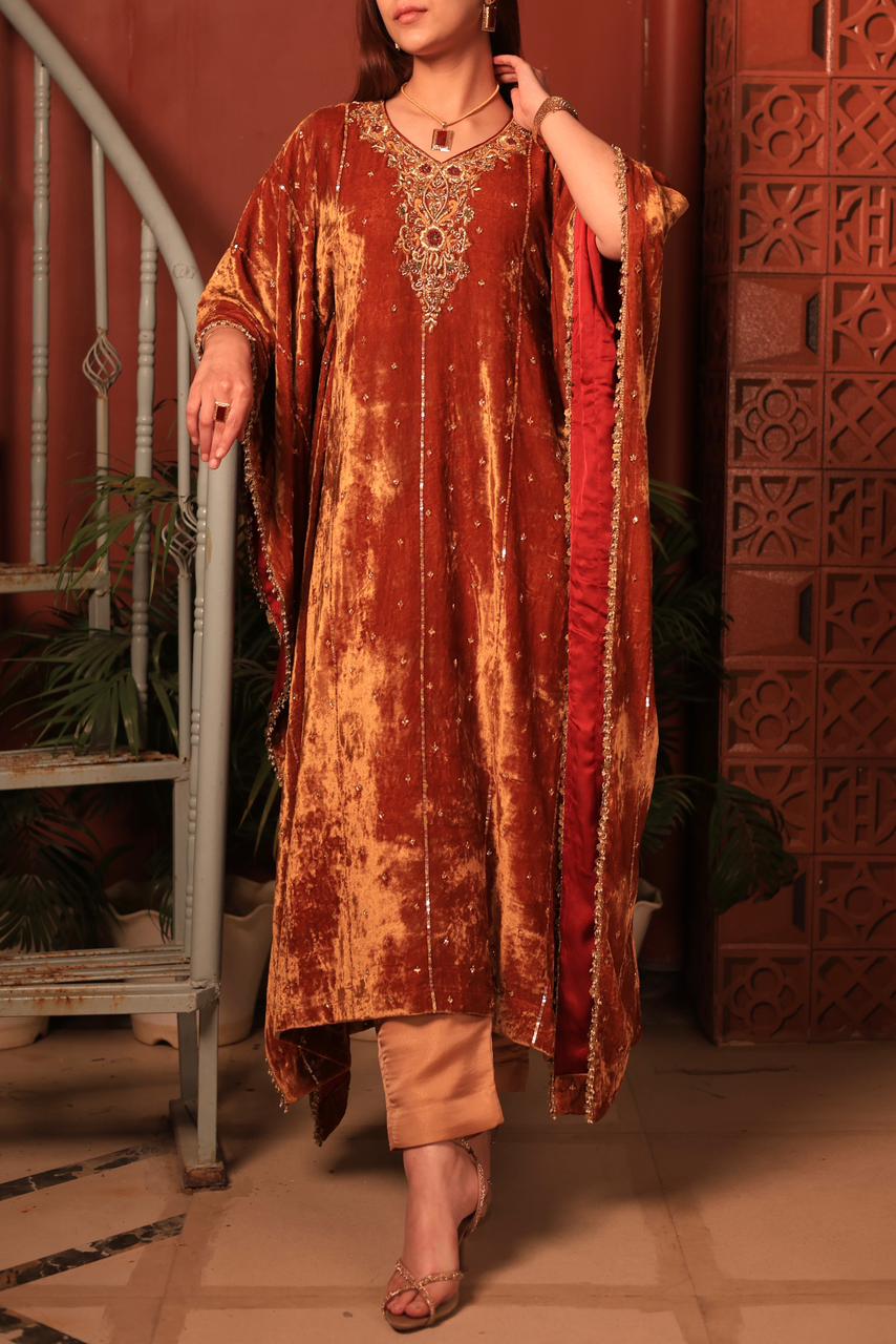 Rust Orange | Silk Velvet Zardozi Kaftans