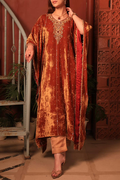 Rust Orange | Silk Velvet Zardozi Kaftans