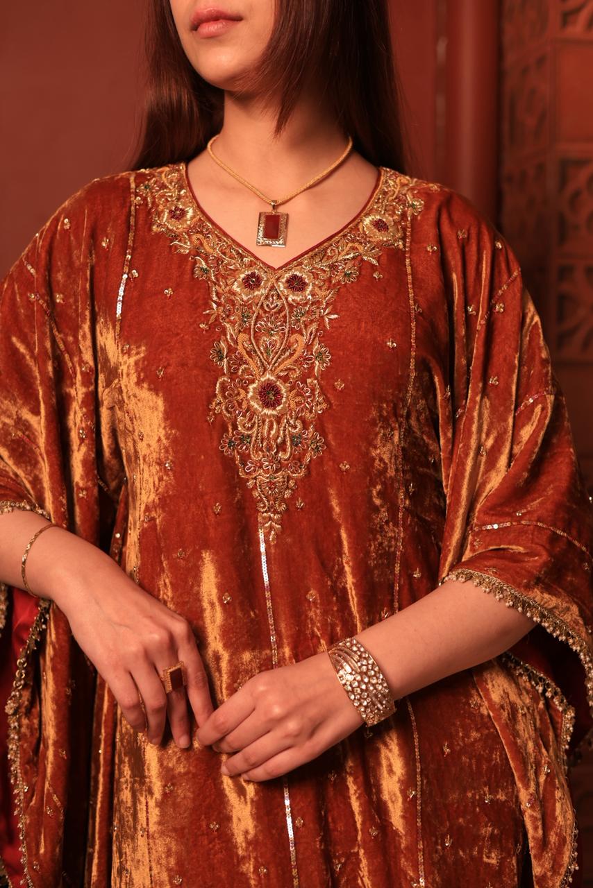 Rust Orange | Silk Velvet Zardozi Kaftans