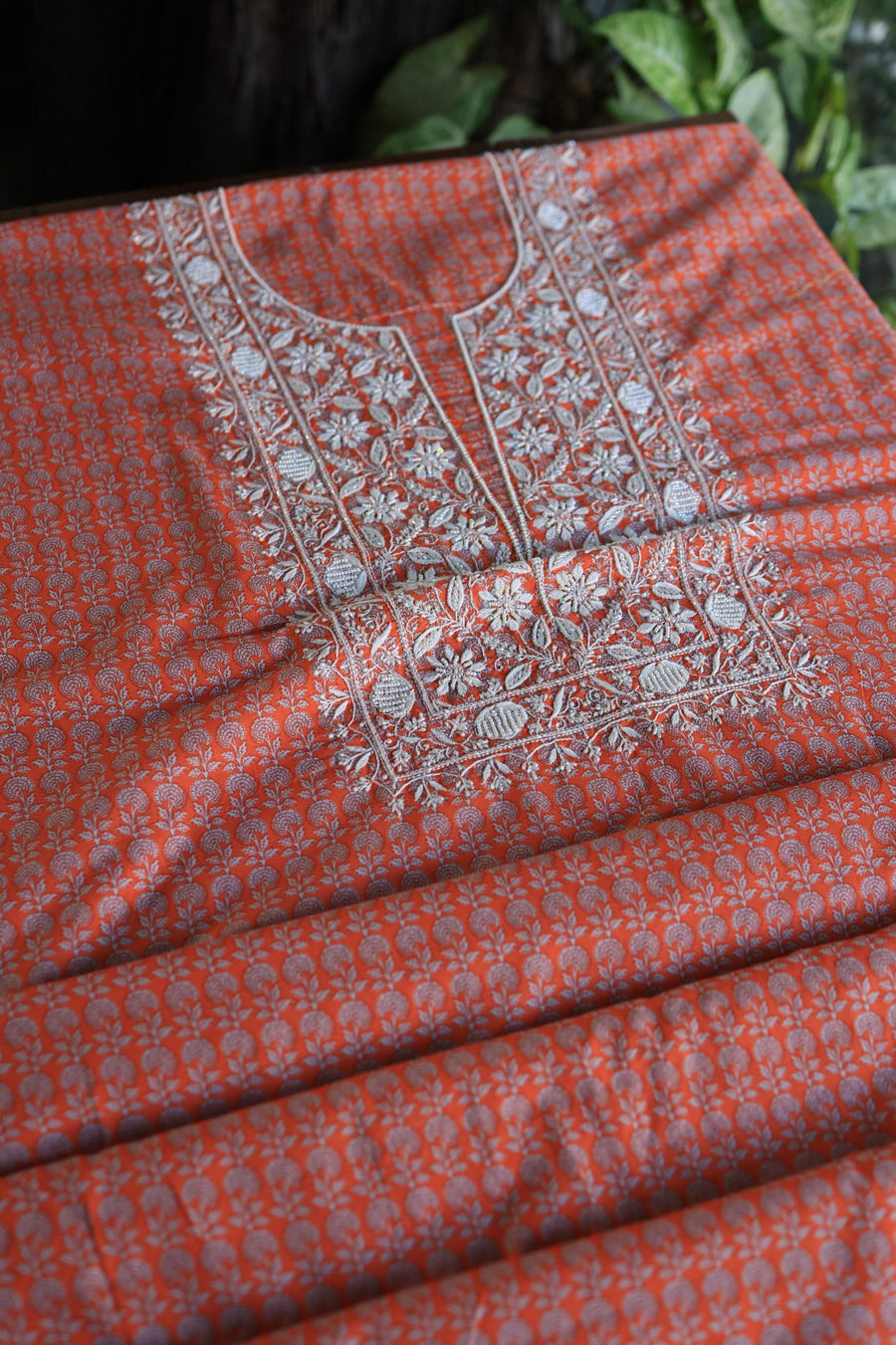 Rust Red Floral Cotton Kurta Fabric with Chikankari Embroidered Neckline