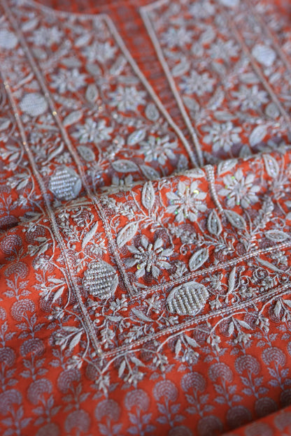 Rust Red Floral Cotton Kurta Fabric with Chikankari Embroidered Neckline
