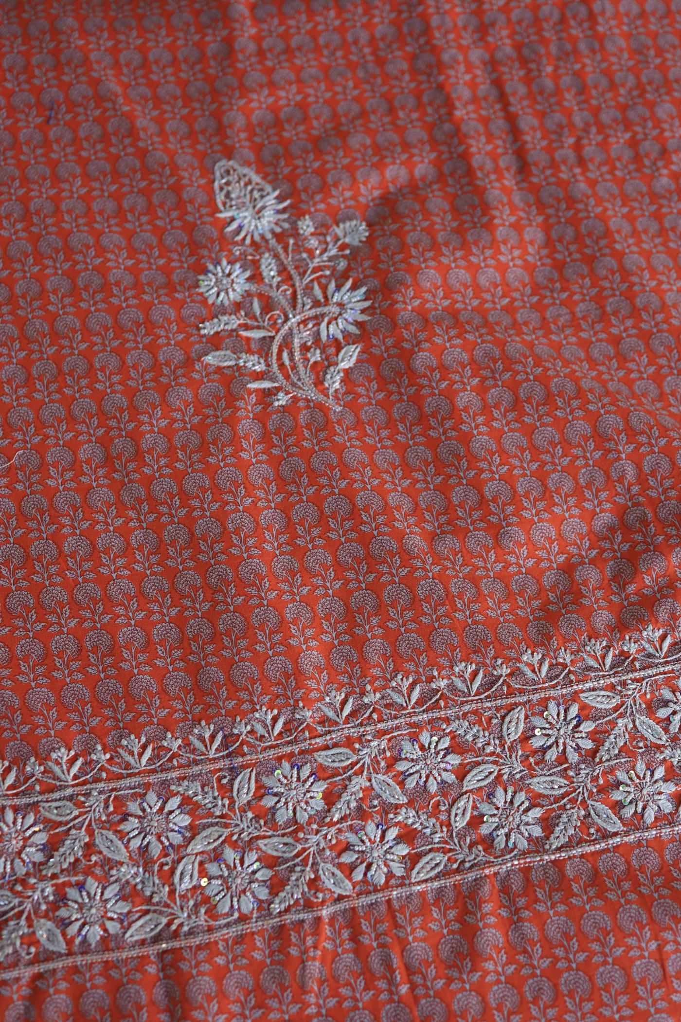 Rust Red Floral Cotton Kurta Fabric with Chikankari Embroidered Neckline