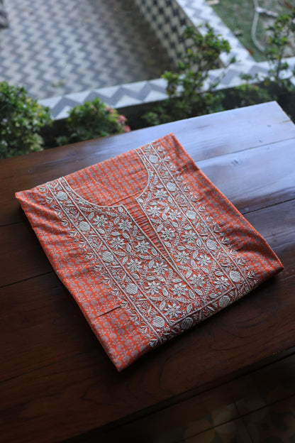 Rust Red Floral Cotton Kurta Fabric with Chikankari Embroidered Neckline