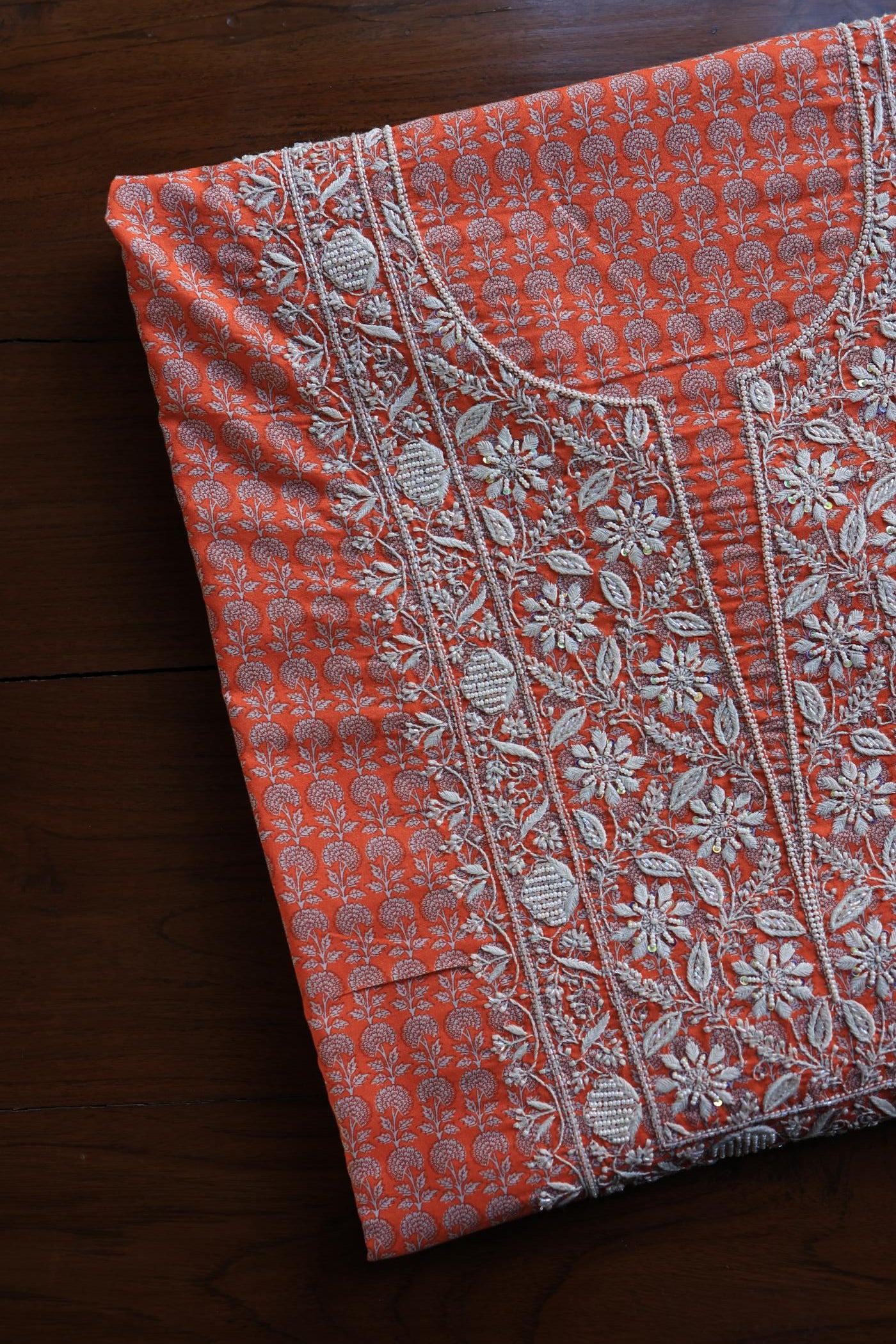 Rust Red Floral Cotton Kurta Fabric with Chikankari Embroidered Neckline