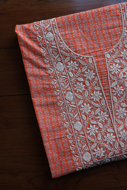 Rust Red Floral Cotton Kurta Fabric with Chikankari Embroidered Neckline