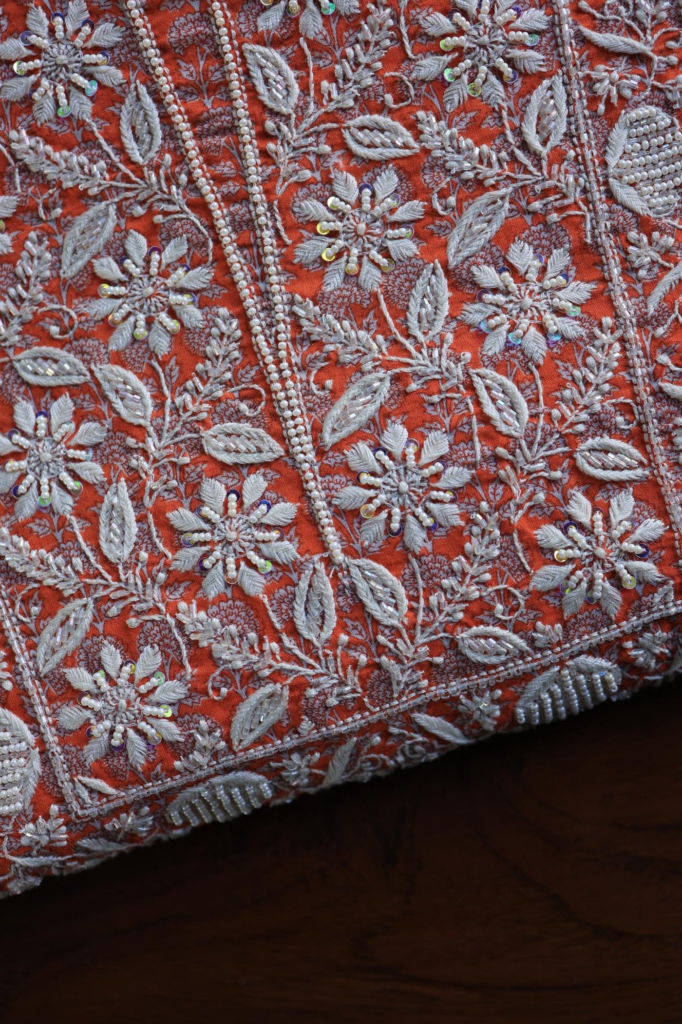 Rust Red Floral Cotton Kurta Fabric with Chikankari Embroidered Neckline