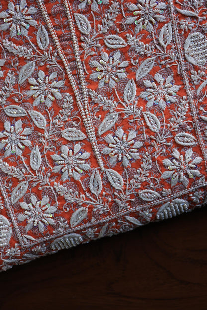 Rust Red Floral Cotton Kurta Fabric with Chikankari Embroidered Neckline