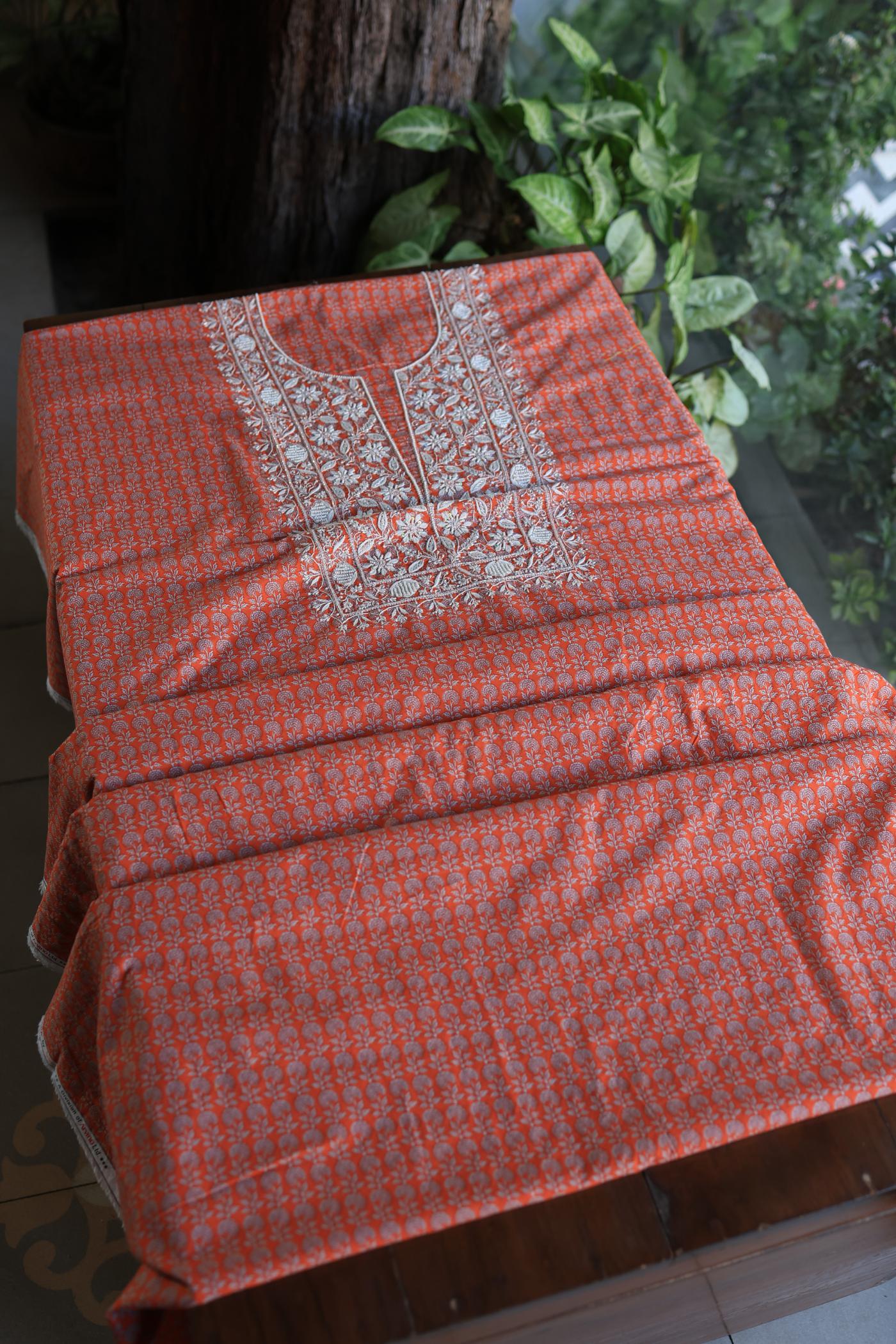 Rust Red Floral Cotton Kurta Fabric with Chikankari Embroidered Neckline