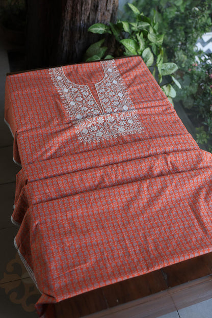 Rust Red Floral Cotton Kurta Fabric with Chikankari Embroidered Neckline