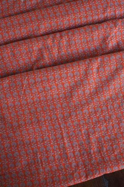 Rust Red Floral Cotton Kurta Fabric with Chikankari Embroidered Neckline