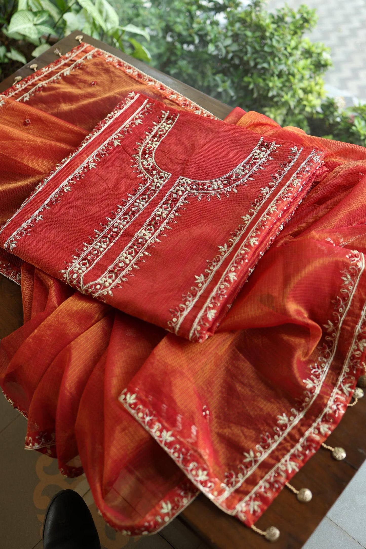 Rust Orange Shade Shade Tissue Kota Chikankari Unstitched Fabric
