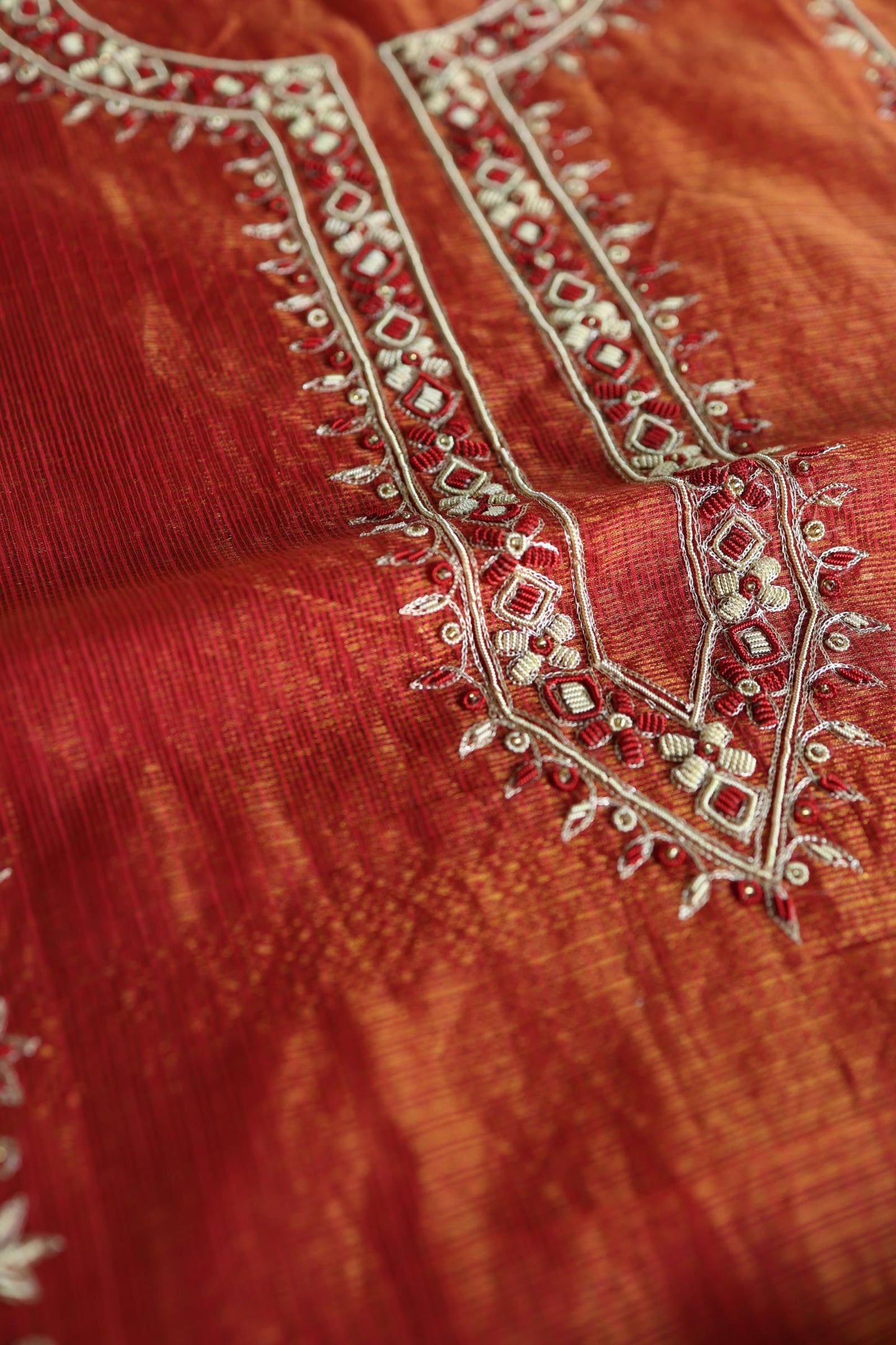 Rust Orange Shade Shade Tissue Kota Chikankari Unstitched Fabric