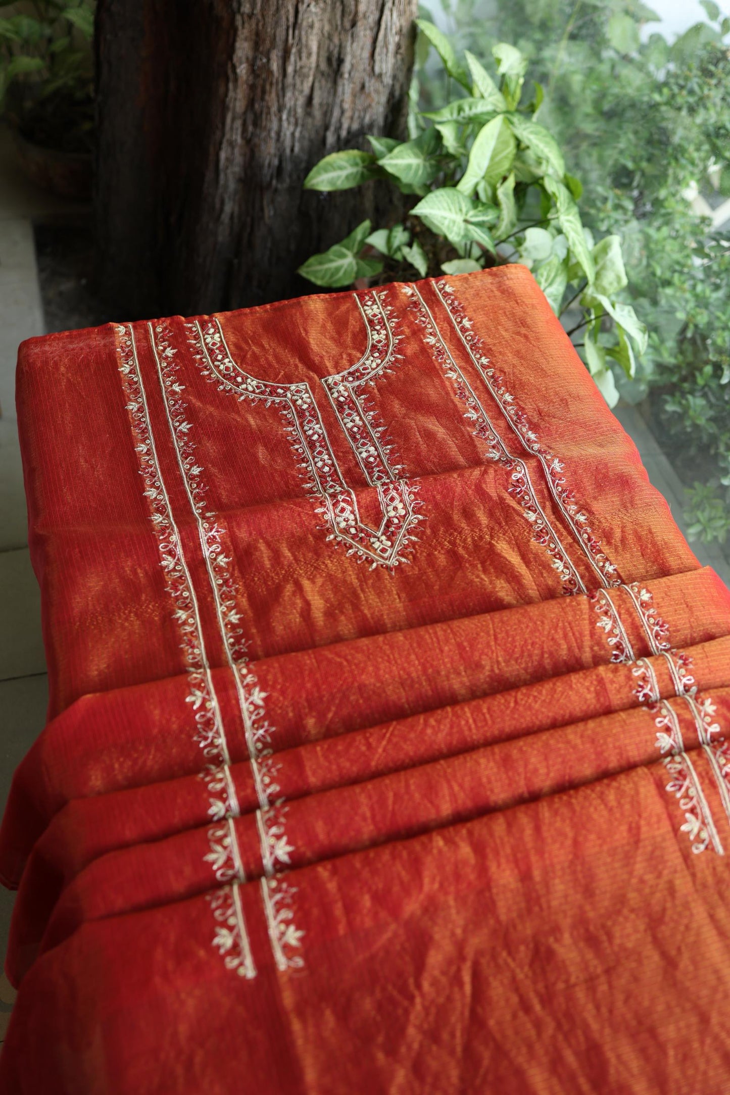 Rust Orange Shade Shade Tissue Kota Chikankari Unstitched Fabric