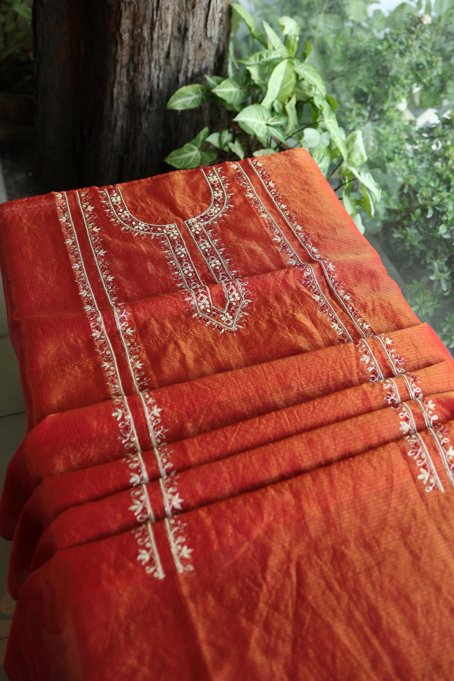 Rust Orange Shade Shade Tissue Kota Chikankari Unstitched Fabric
