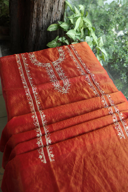 Rust Orange Shade Shade Tissue Kota Chikankari Unstitched Fabric