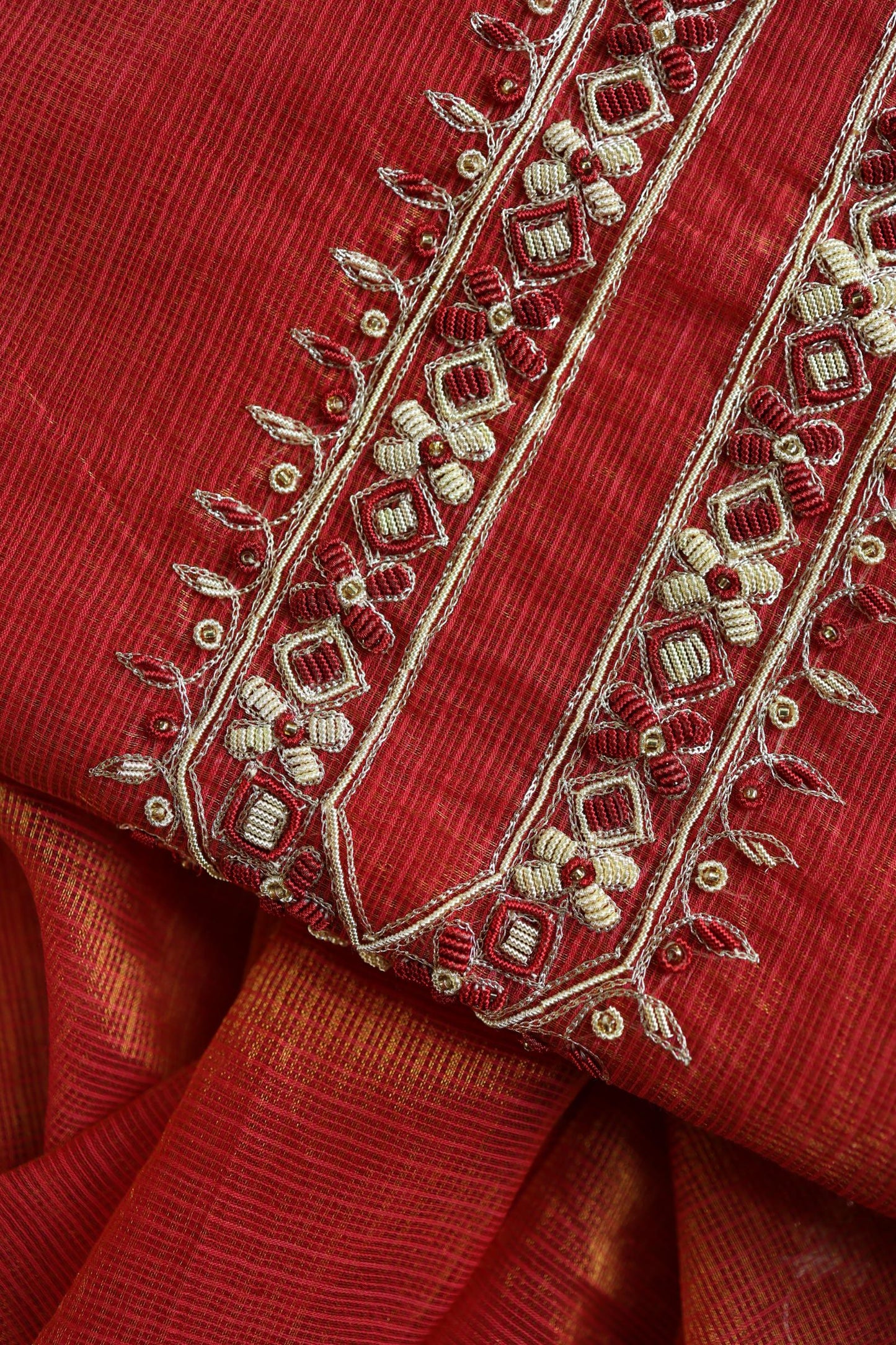Rust Orange Shade Shade Tissue Kota Chikankari Unstitched Fabric