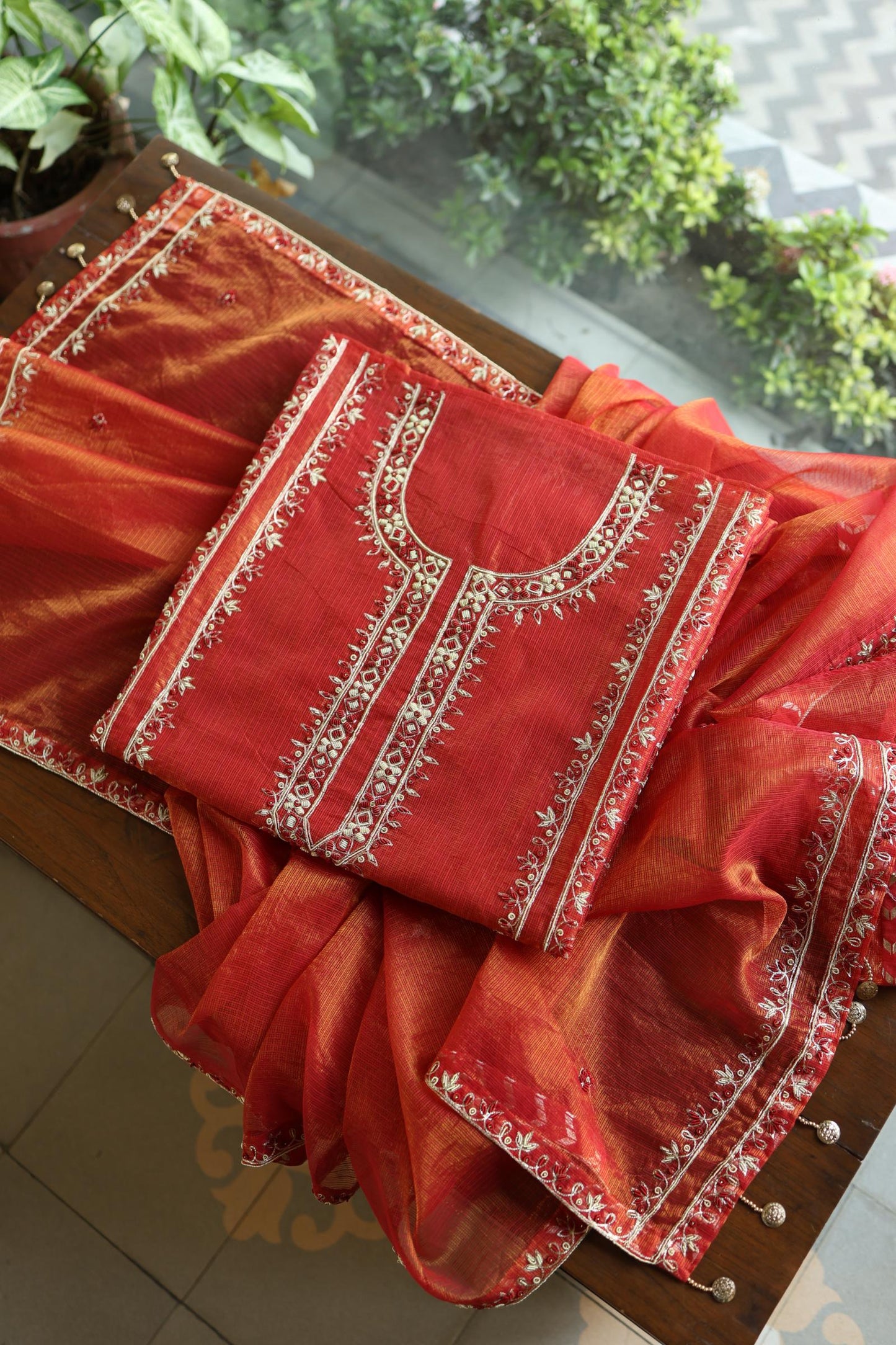 Rust Orange Shade Shade Tissue Kota Chikankari Unstitched Fabric