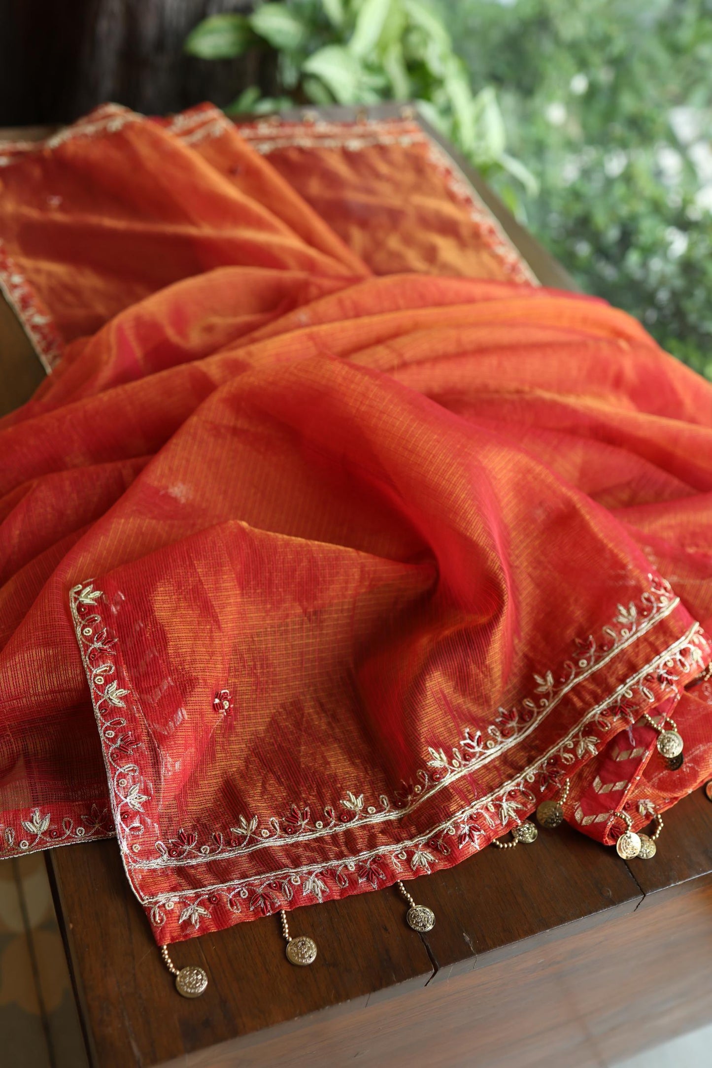 Rust Orange Shade Shade Tissue Kota Chikankari Unstitched Fabric