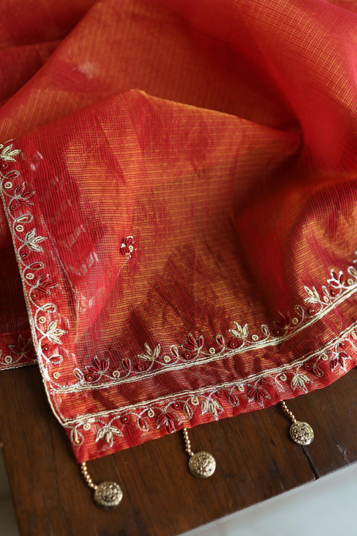 Rust Orange Shade Shade Tissue Kota Chikankari Unstitched Fabric
