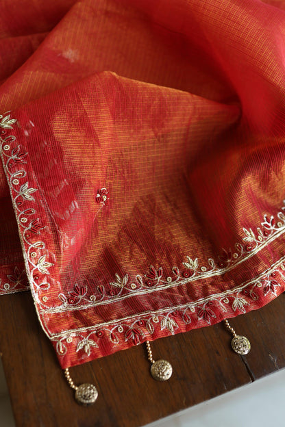 Rust Orange Shade Shade Tissue Kota Chikankari Unstitched Fabric
