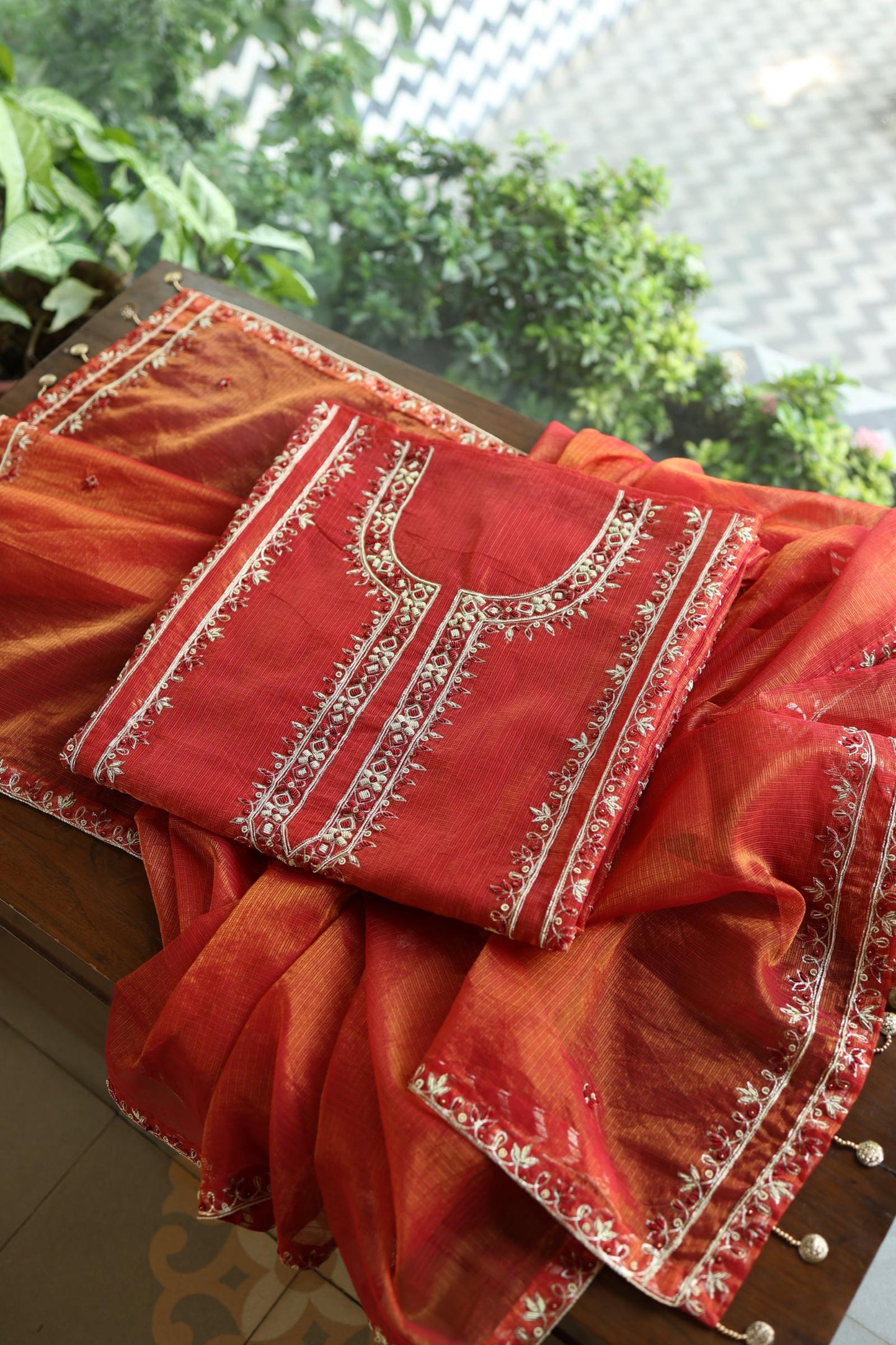 Rust Orange Shade Shade Tissue Kota Chikankari Unstitched Fabric