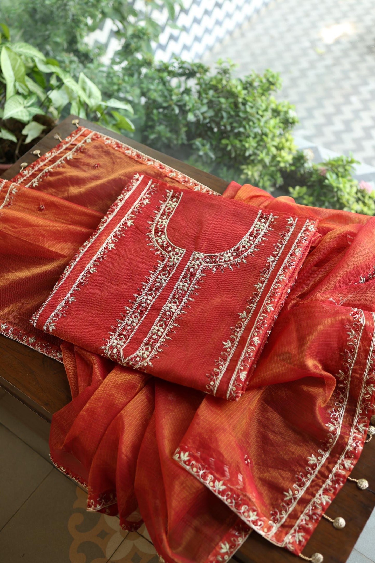 Rust Orange Shade Shade Tissue Kota Chikankari Unstitched Fabric