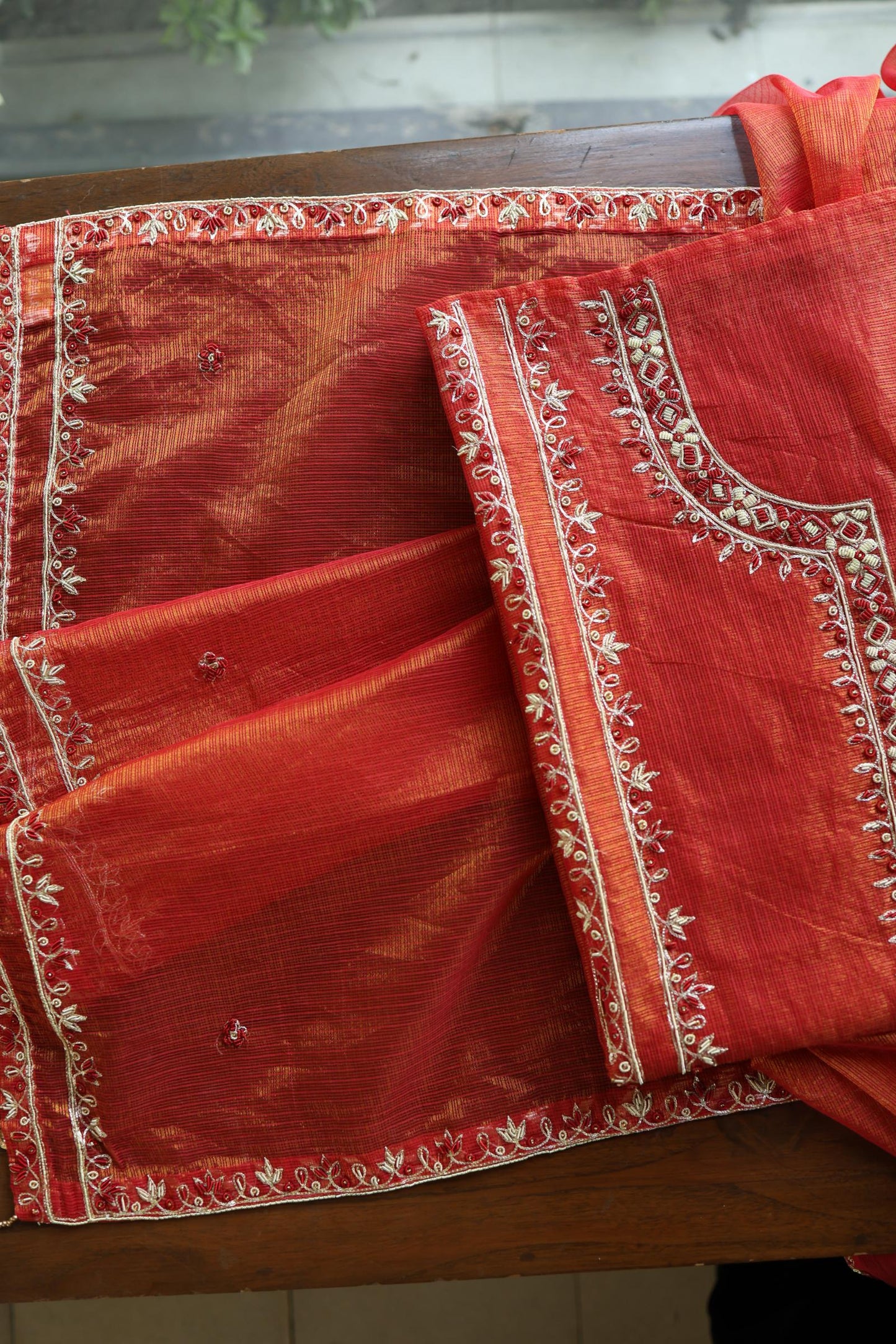 Rust Orange Shade Shade Tissue Kota Chikankari Unstitched Fabric
