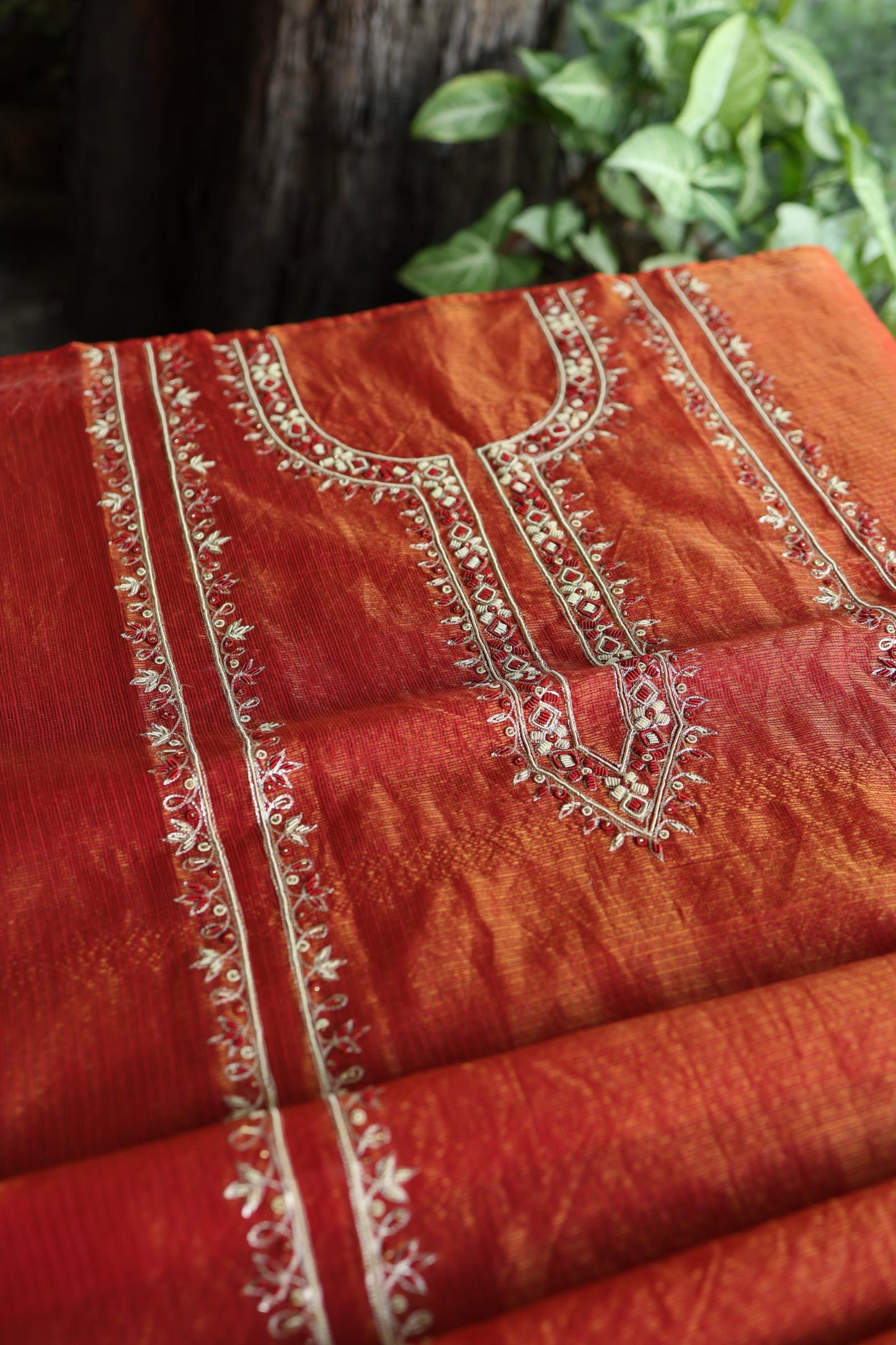 Rust Orange Shade Shade Tissue Kota Chikankari Unstitched Fabric